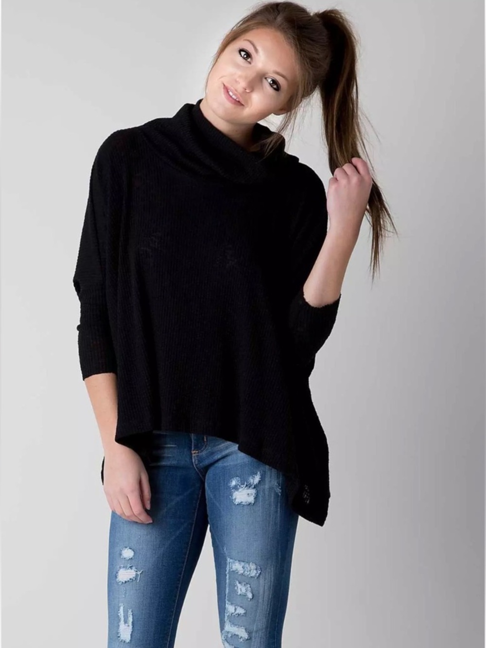 New Free People Black Cowl Neck Knit Pullover Top-XS